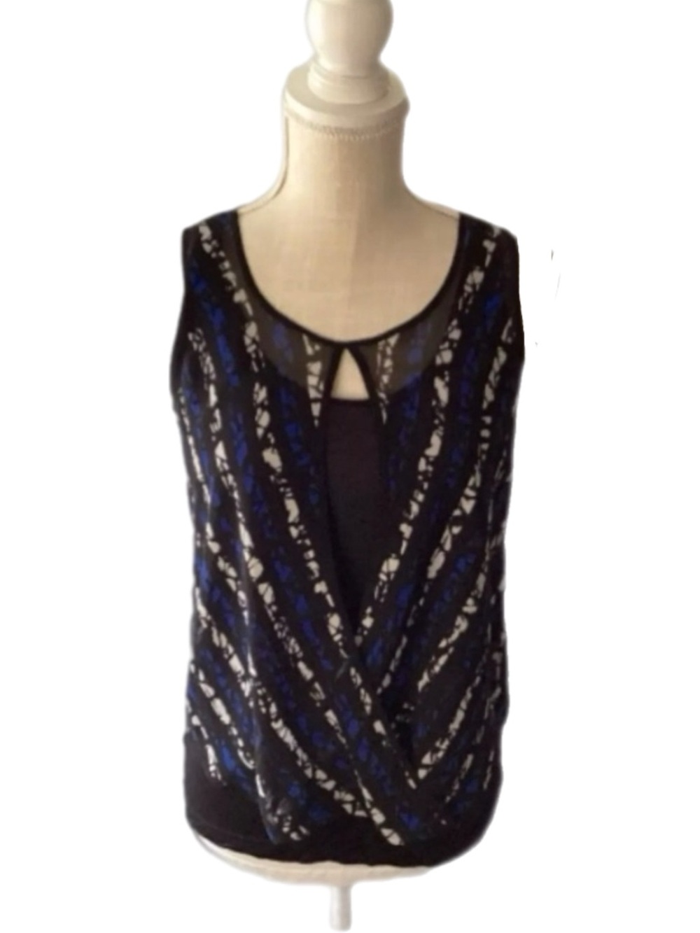 KENNETH COLE NY XS Black with Blue Layered Blouse Semi Sheer Classic Nite Out